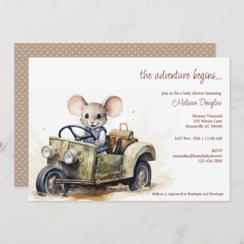 Cute Watercolor Mouse in Green Car Baby Shower Invitation