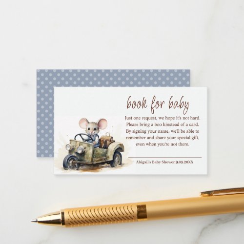 Cute Watercolor Mouse in Green Car Book for Baby Enclosure Card