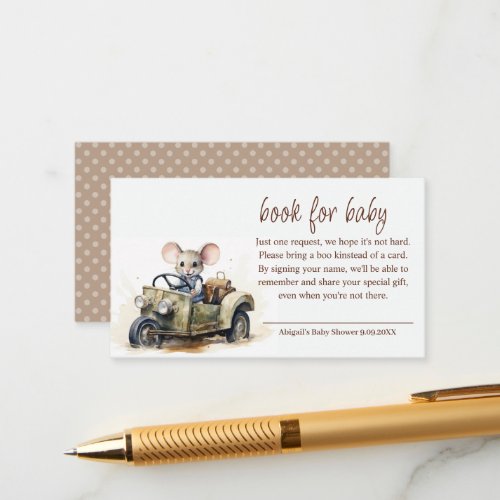 Cute Watercolor Mouse in Green Car Book for Baby Enclosure Card