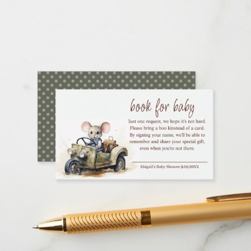 Cute Watercolor Mouse in Green Car Book for Baby Enclosure Card