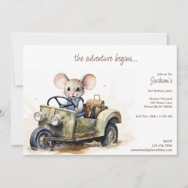 Cute Watercolor Mouse in Green Car Kid's Birthday Invitation (Front)