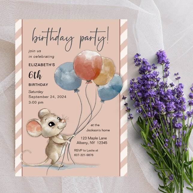 Cute Watercolor Mouse with Balloons Birthday Invitation (Creator Uploaded)