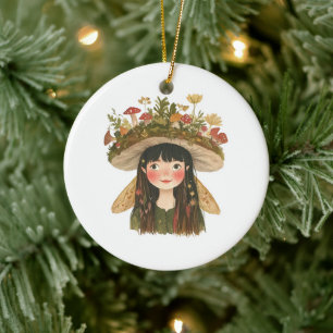 Cute Watercolor Mushroom Girl Fairy Pinback Button Ceramic Ornament