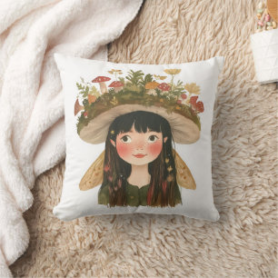 Cute Watercolor Mushroom Girl Fairy Pinback Button Throw Pillow