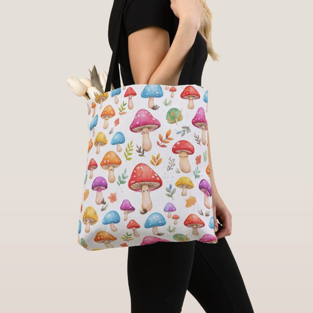 Cute Watercolor Mushroom Pattern Tote Bag (Close Up)