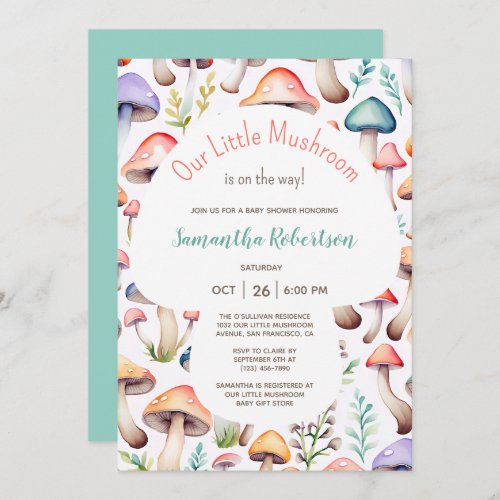 Cute Watercolor Mushroom Woodland Baby Shower Invitation