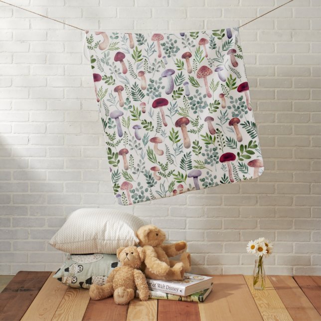 Cute Watercolor mushrooms and greenery leaves  Baby Blanket (In Situ)