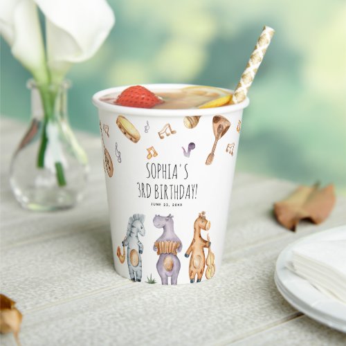 Cute Watercolor Musical African Animals Birthday Paper Cups
