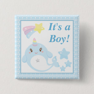 Cute Watercolor Narwhal Baby Shower It's a boy Button
