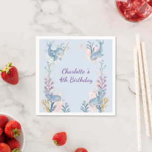 Cute Watercolor Narwhal Whale fish Seamless Sea Napkins