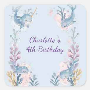 Cute Watercolor Narwhal Whale fish Seamless Sea Square Sticker