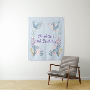 Cute Watercolor Narwhal Whale fish Seamless Sea Tapestry