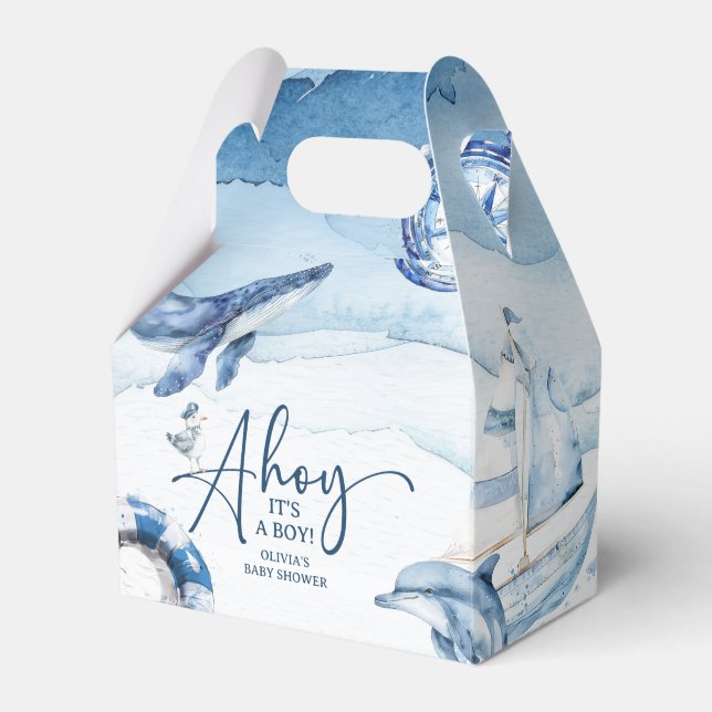 Cute Watercolor Nautical Boy Baby Shower Favor Boxes (Front Side)