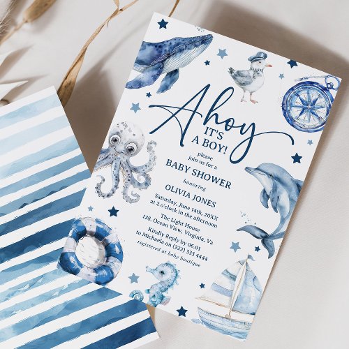 Cute Watercolor Nautical Boy Baby Shower Invitation