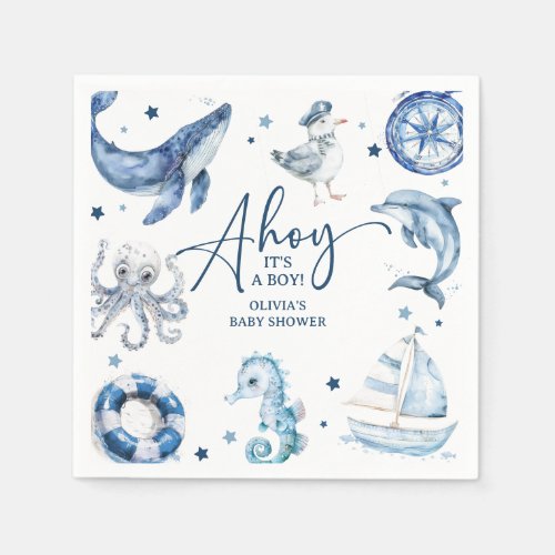 Cute Watercolor Nautical Boy Baby Shower Napkins