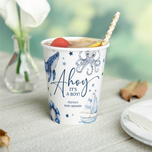 Cute Watercolor Nautical Boy Baby Shower Paper Cups