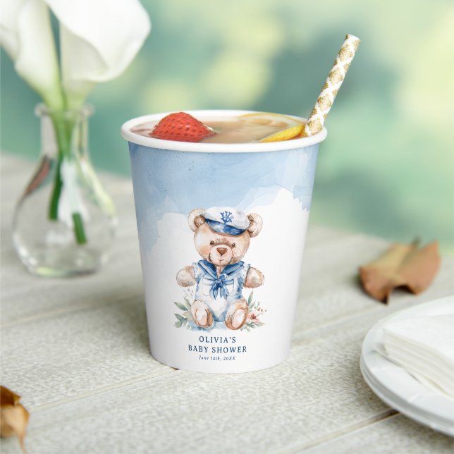 Cute Watercolor Nautical Boy Baby Shower Paper Cups (Insitu)