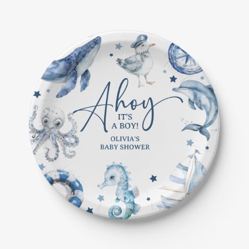 Cute Watercolor Nautical Boy Baby Shower Paper Plates