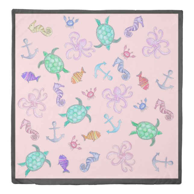 Cute Watercolor Nautical Sea Beach Pattern Duvet Cover (Front)