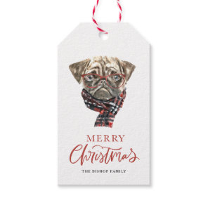 Cute Watercolor Nerdy Pug Dog Merry Christmas Gift Tags