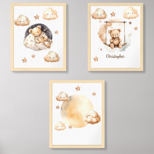Cute watercolor neutral brown hues teddy bear wall art sets