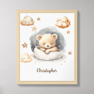 Cute watercolor neutral sleeping teddy bear framed art