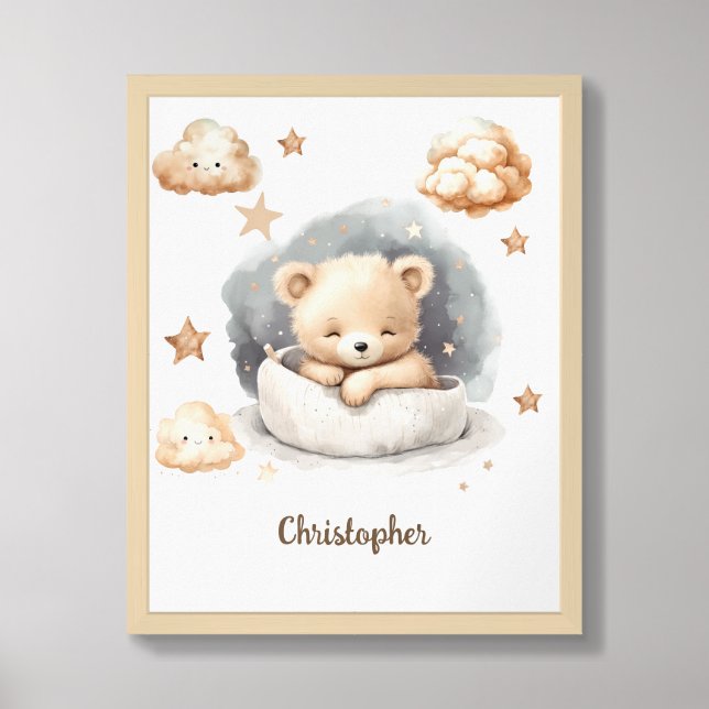 Cute watercolor neutral sleeping teddy bear framed art (Framed Front)