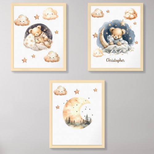 Cute watercolor neutral teddy bear over the moon wall art sets