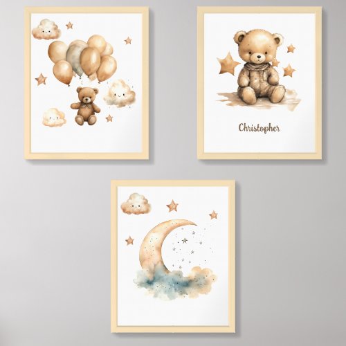Cute watercolor neutral teddy bear personalized wall art sets