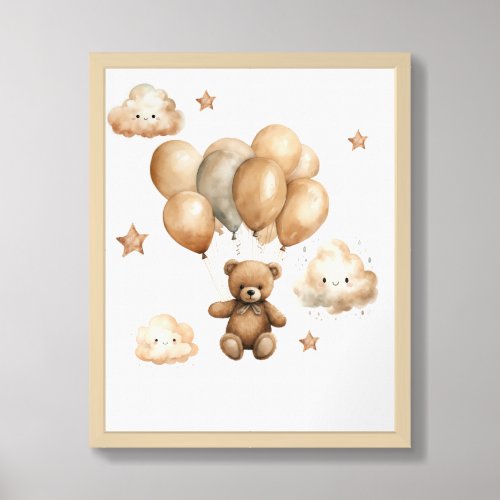 Cute watercolor neutral teddy bear with balloons framed art