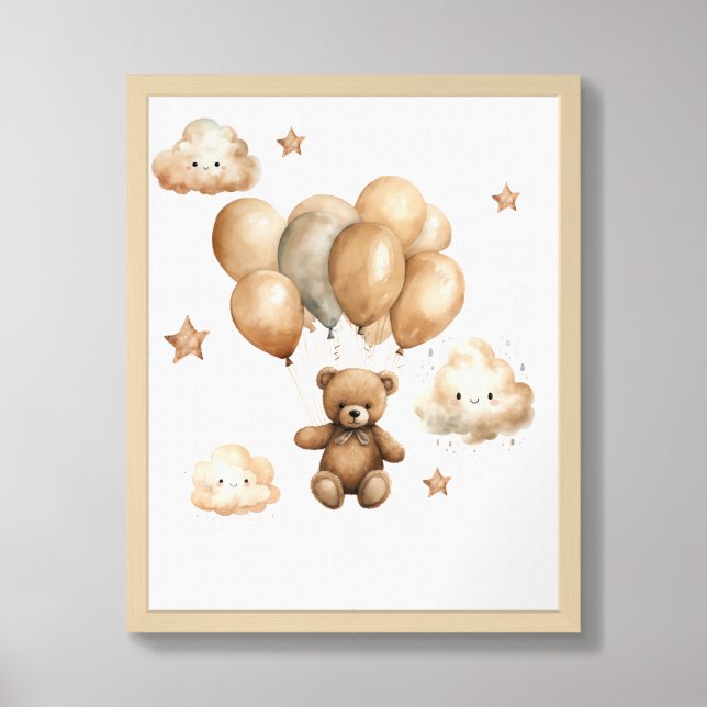 Cute watercolor neutral teddy bear with balloons framed art (Framed Front)