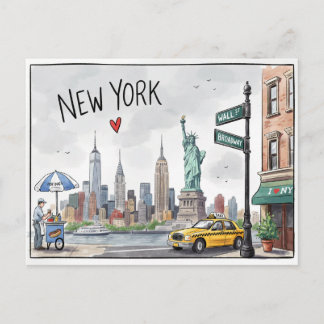 Cute Watercolor New York City NYC Skyline Taxi Art Postcard