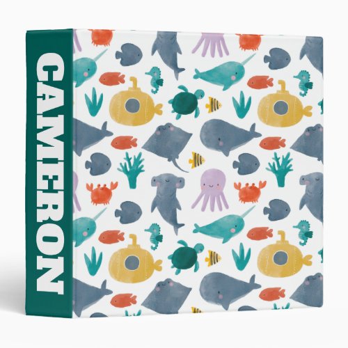 Cute Watercolor Ocean Animals Pattern 3 Ring Binder