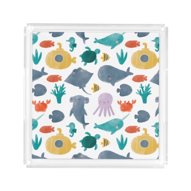 Cute Watercolor Ocean Animals Pattern Acrylic Tray (Front)