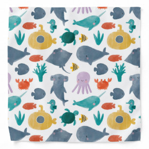 Cute Watercolor Ocean Animals Pattern Bandana