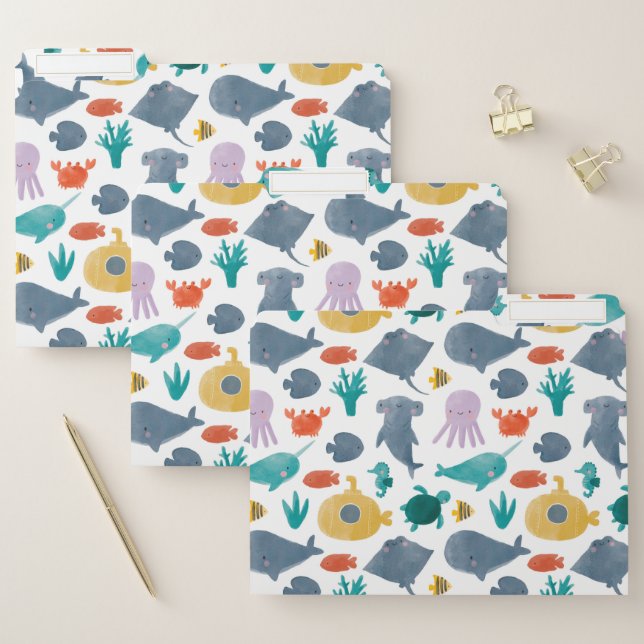 Cute Watercolor Ocean Animals Pattern File Folder (Set)