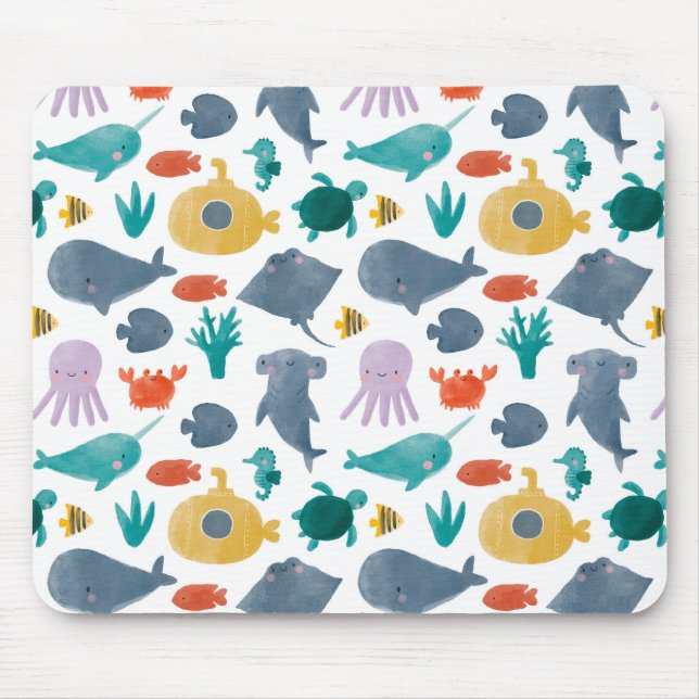 Cute Watercolor Ocean Animals Pattern Mouse Pad (Front)
