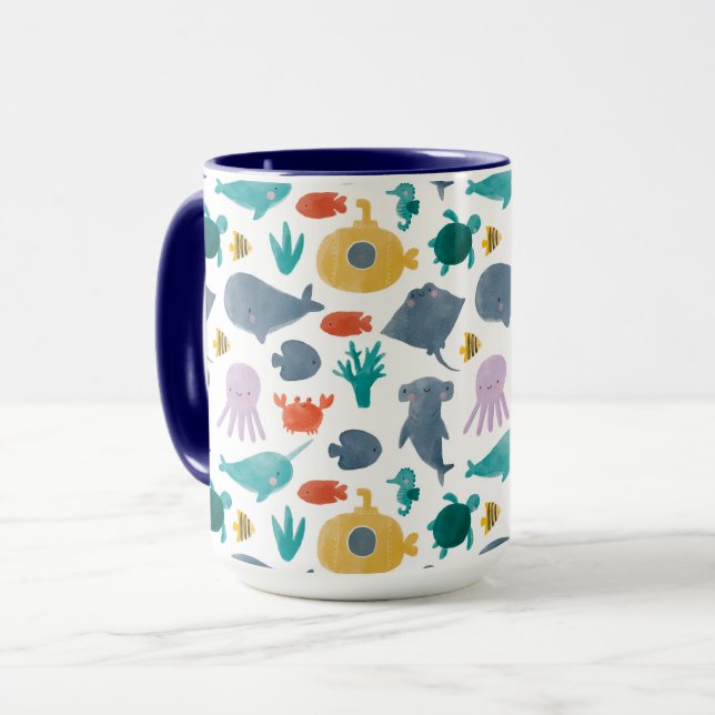 Cute Watercolor Ocean Animals Pattern Mug (Front Left)