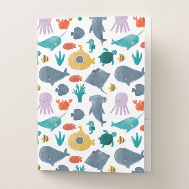 Cute Watercolor Ocean Animals Pattern Pocket Folder (Front)