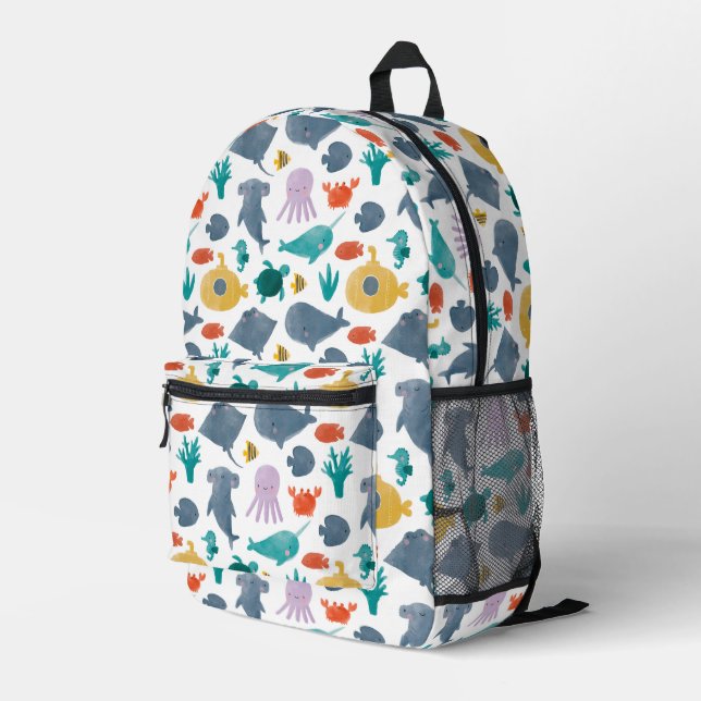 Cute Watercolor Ocean Animals Pattern Printed Backpack (Back Corner Right)