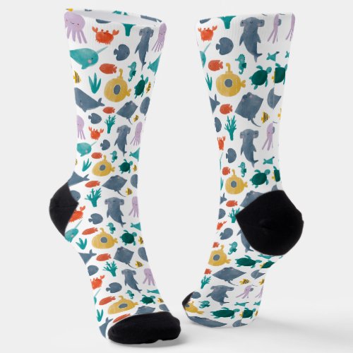 Cute Watercolor Ocean Animals Pattern Socks