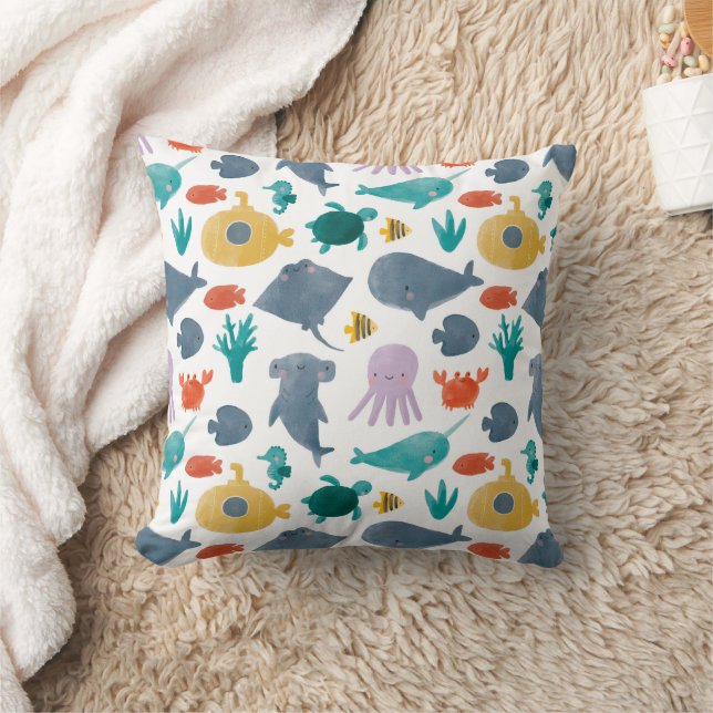 Cute Watercolor Ocean Animals Pattern Throw Pillow (Blanket)