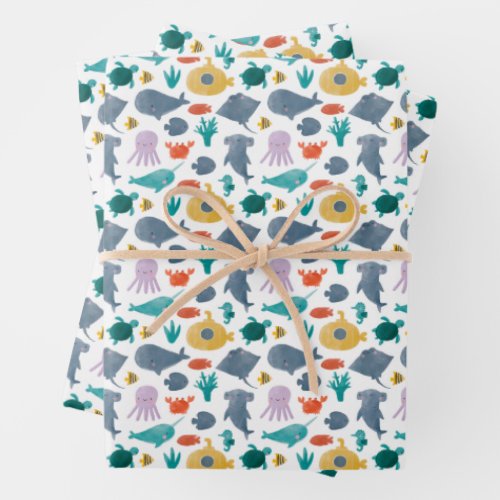 Cute Watercolor Ocean Animals Pattern Wrapping Paper Sheets