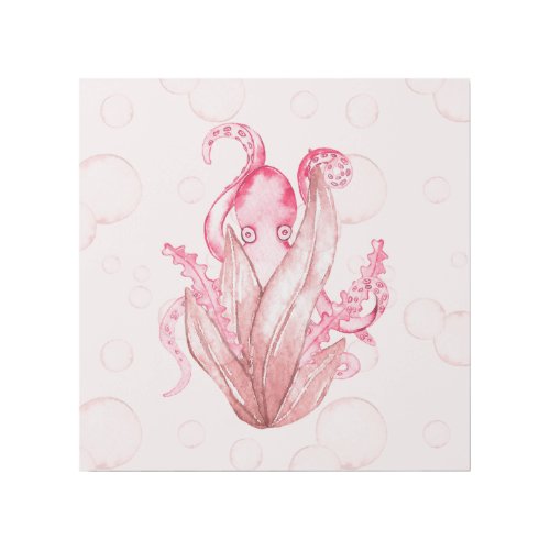 Cute Watercolor Octopus Hiding Seaweed  Bubbles Gallery Wrap