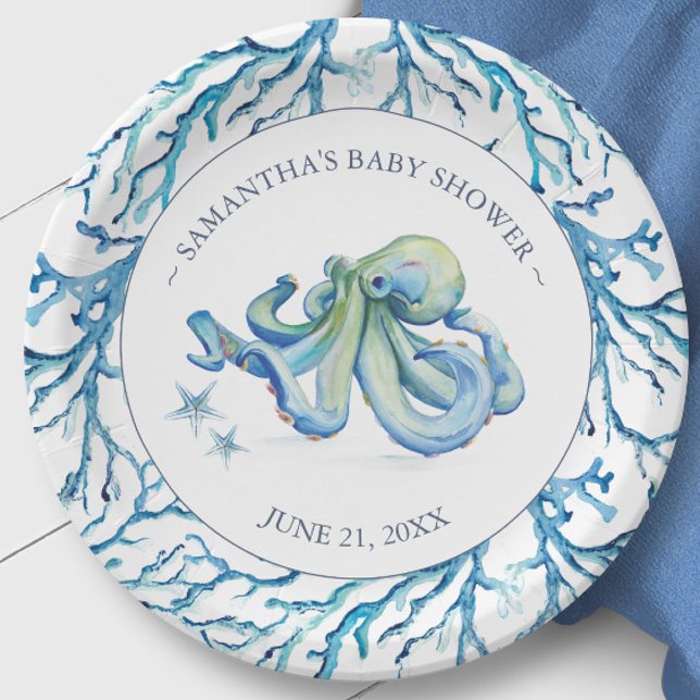 Cute Watercolor Octopus Personalized Paper Plates (Under the sea baby shower theme features unique watercolor art Victoria Grigaliunas Do Tell A Belle)