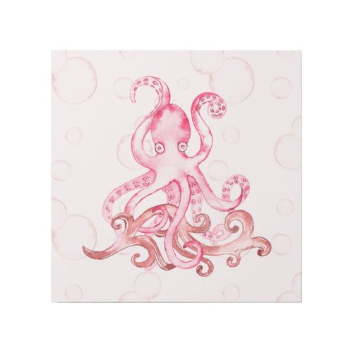 Cute Watercolor Octopus Riding a Wave in Bubbles Gallery Wrap