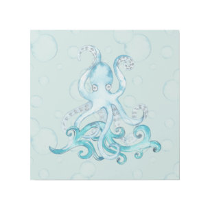 Cute Watercolor Octopus Riding a Wave in Bubbles Gallery Wrap