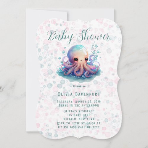 Cute Watercolor Octopus With Bubbles Baby Shower Invitation