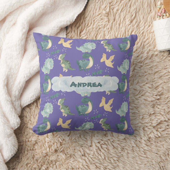 Cute Watercolor on Light Purple Dinosaur Cloud Throw Pillow (Blanket)
