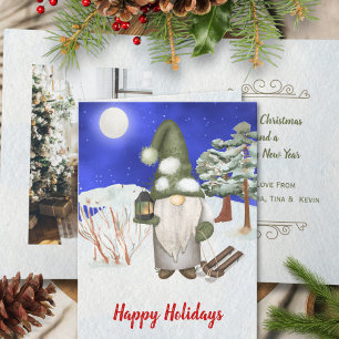 Cute Watercolor One Photo Gnome Merry Christmas Holiday Card